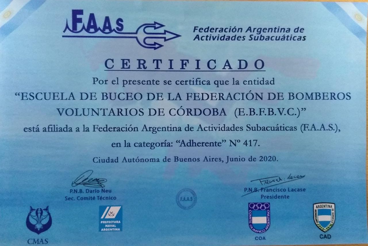 La FAAS certifica la Afiliación de nuestra Escuela de Buceo