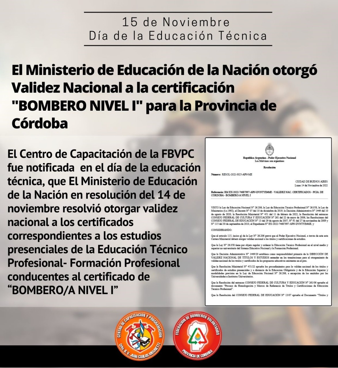 Validez Nacional a la Educaci�n T�cnico Profesional de �BOMBERO/A NIVEL I�