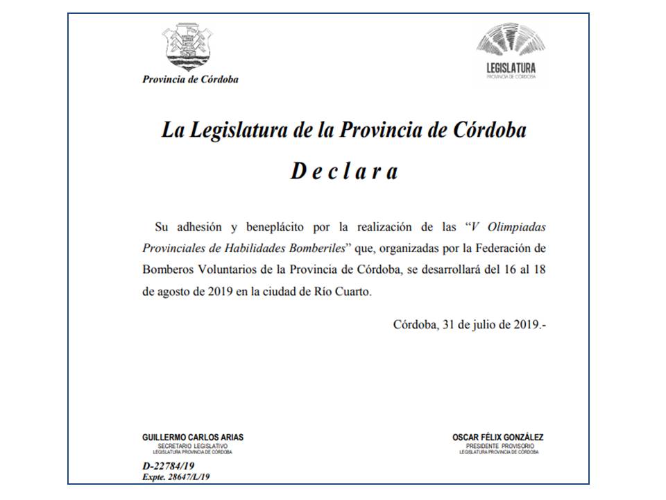 Reconocimiento de la Legislatura Provincial a nuestras V Olimp�adas FBVPC