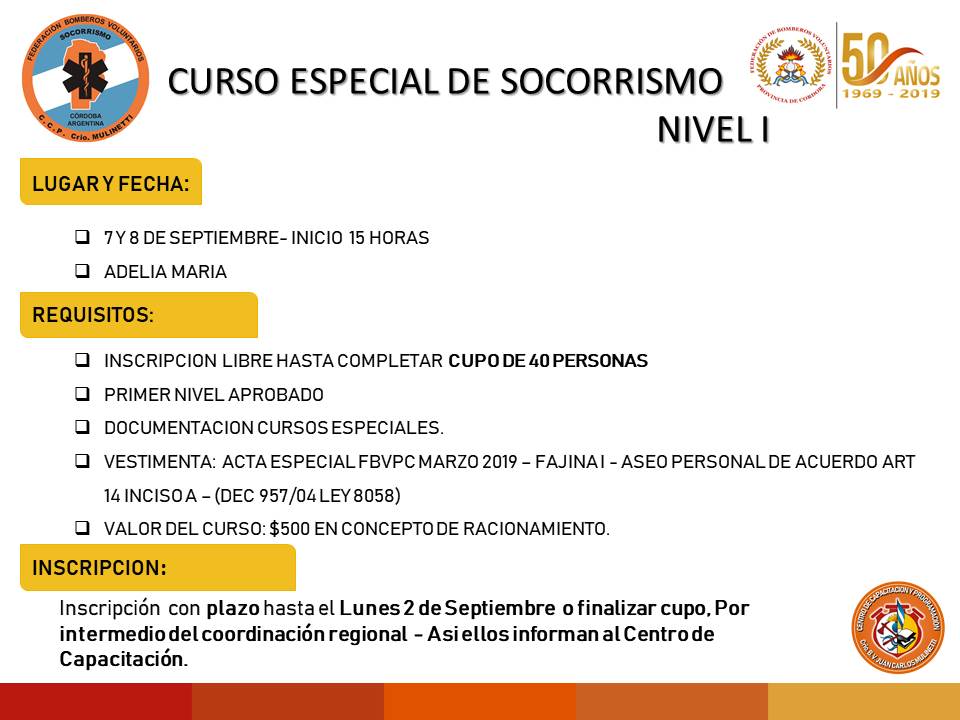 Curso Especial del Departamento Socorrismo: Nivel I