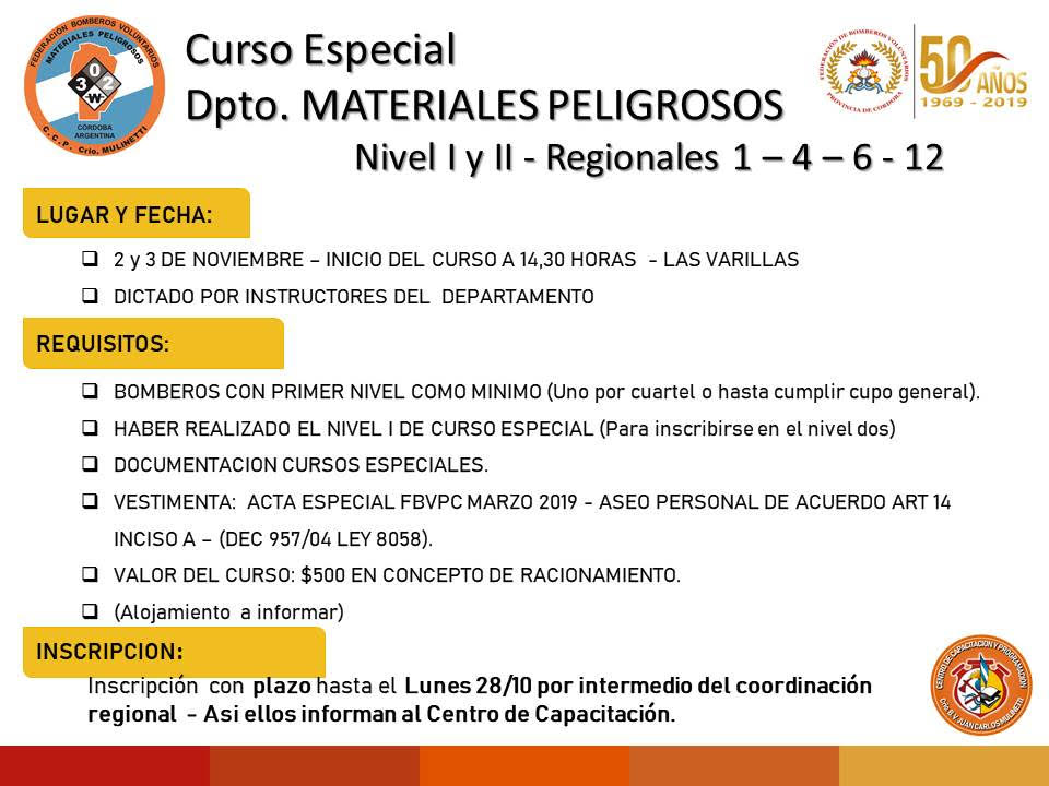 Curso Especial del Departamento Materiales Peligrosos: Niveles I y II