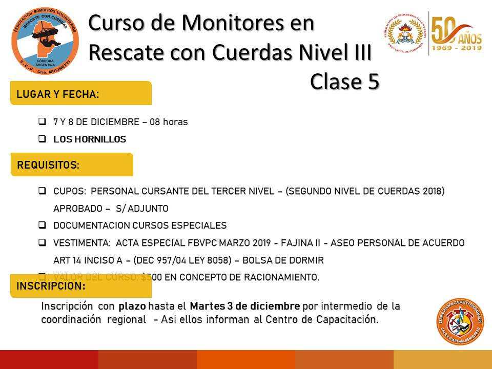 Departamento Rescate con Cuerdas: Curso de Monitores Nivel III