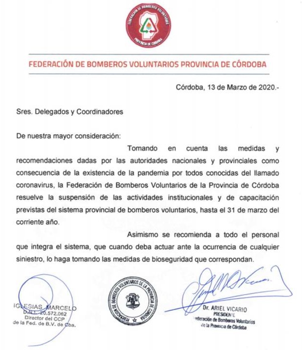 La Federaci�n suspende sus actividades Institucionales y de Capacitaci�n