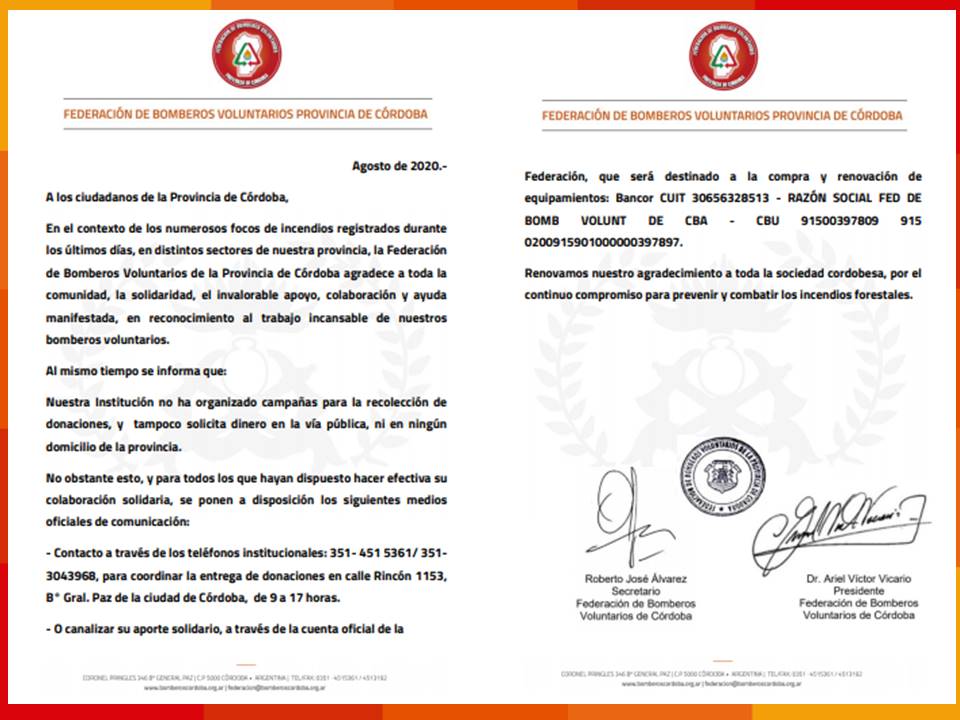 Agradecimiento de la FBVPC a la sociedad cordobesa