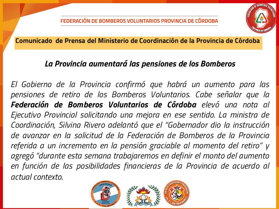 El Gobierno anuncia aumento a las pensiones de Bomberos Voluntarios