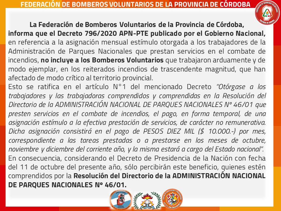 El Decreto 796/2020 APN-PTE No Incluye a los Bomberos Voluntarios