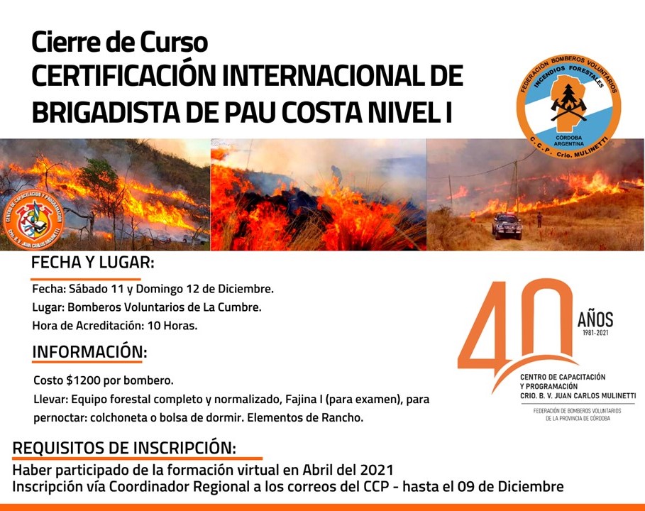 Certificaci�n Internacional de Brigadista de Pau Costa Nivel I