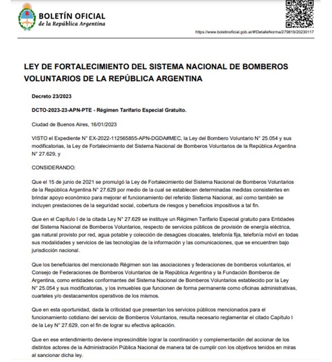 Ley 27.629 - Decreto 23/2023 APN-PTE: R�gimen Tarifario Especial Gratuito