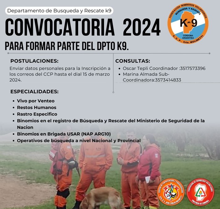 Convocatoria a conformar el Departamento: B�squeda y Rescate K9